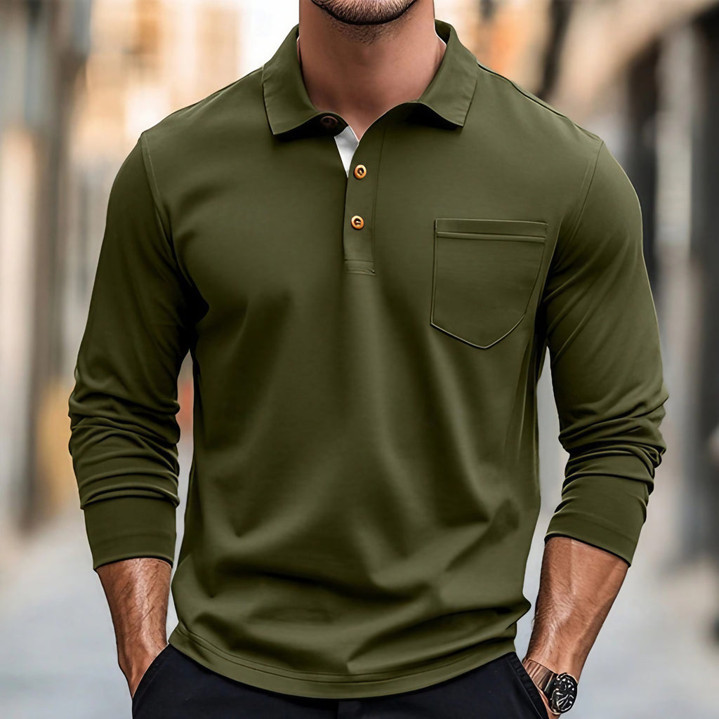 Polo homme à manches longues, coupe ajustée, poche poitrine, vert olive