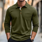 Polo homme à manches longues, coupe ajustée, poche poitrine, vert olive