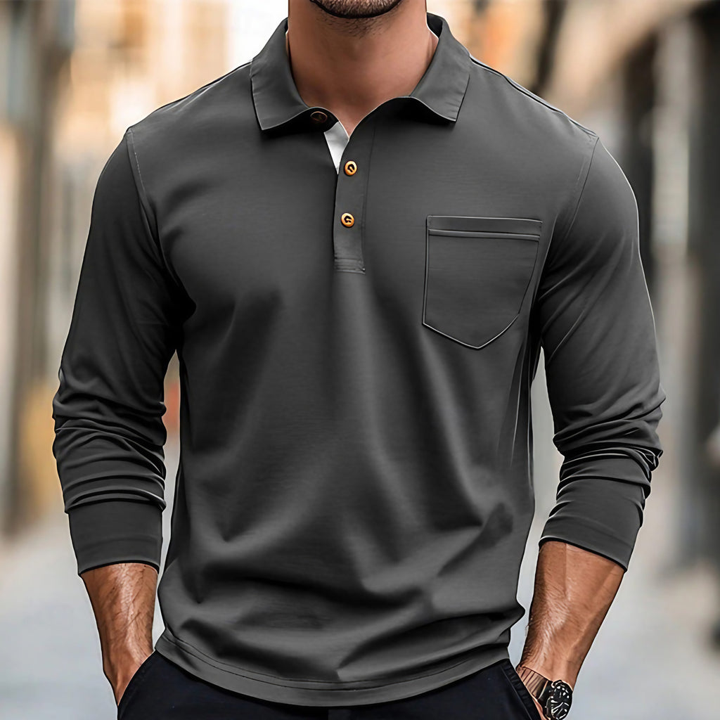 Polo homme à manches longues, coupe ajustée, poche poitrine, gris foncé