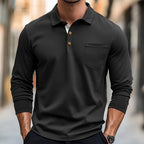 Polo homme à manches longues, coupe ajustée, poche poitrine, noir