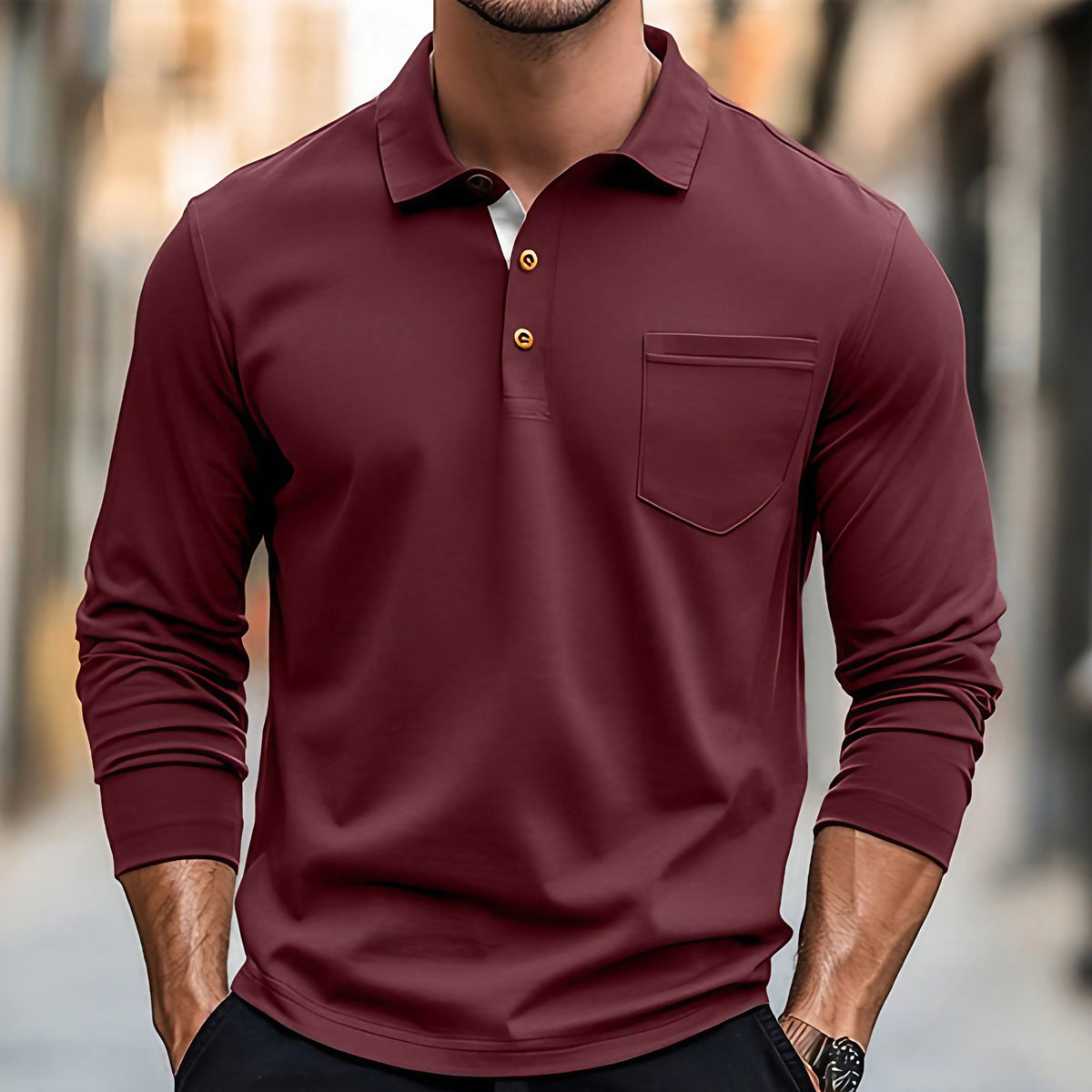 Polo homme à manches longues, coupe ajustée, poche poitrine, rouge vif