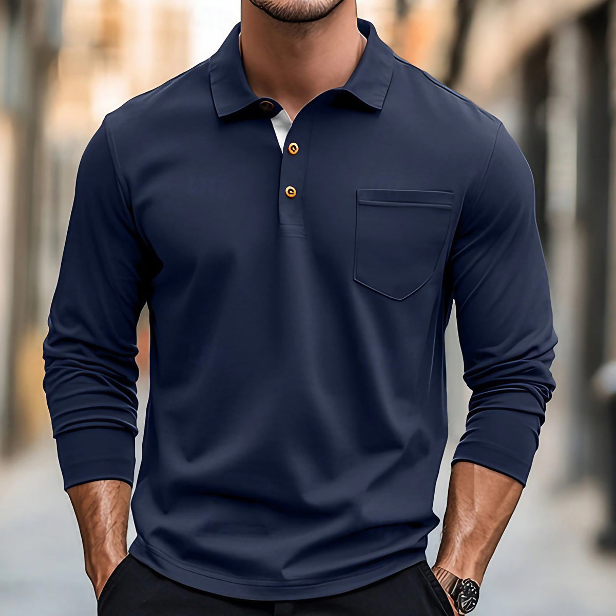 Polo homme à manches longues, coupe ajustée, poche poitrine, bleu roi