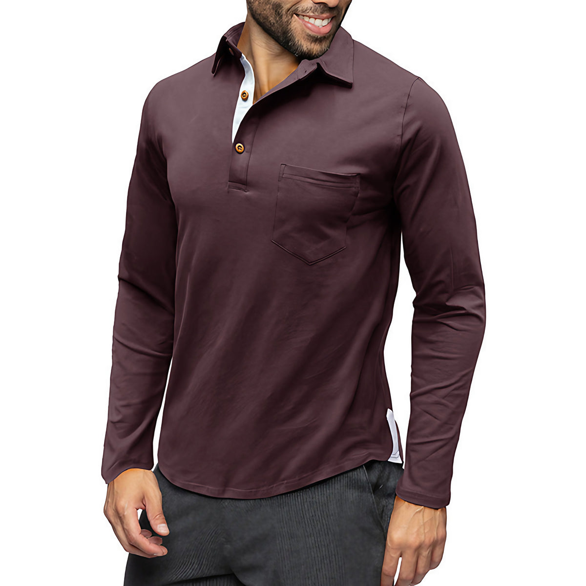 Polo homme à manches longues, coupe ajustée, poche poitrine, pourpre