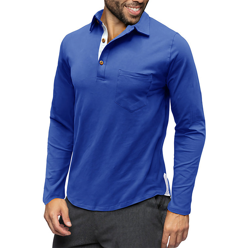 Polo homme à manches longues, coupe ajustée, poche poitrine, bleu