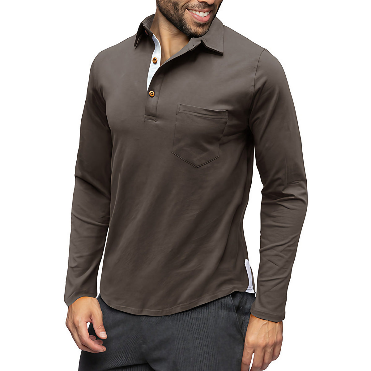 Polo homme à manches longues, coupe ajustée, poche poitrine, marron