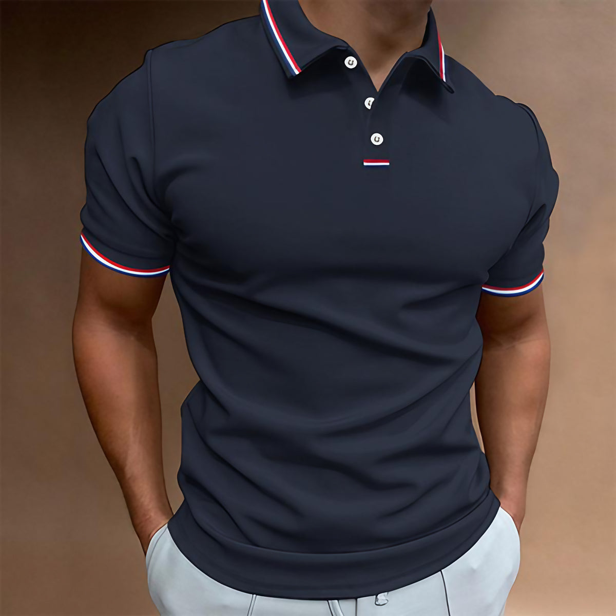 Polo homme uni à col rayé, manches courtes, huit coloris, bleu marine