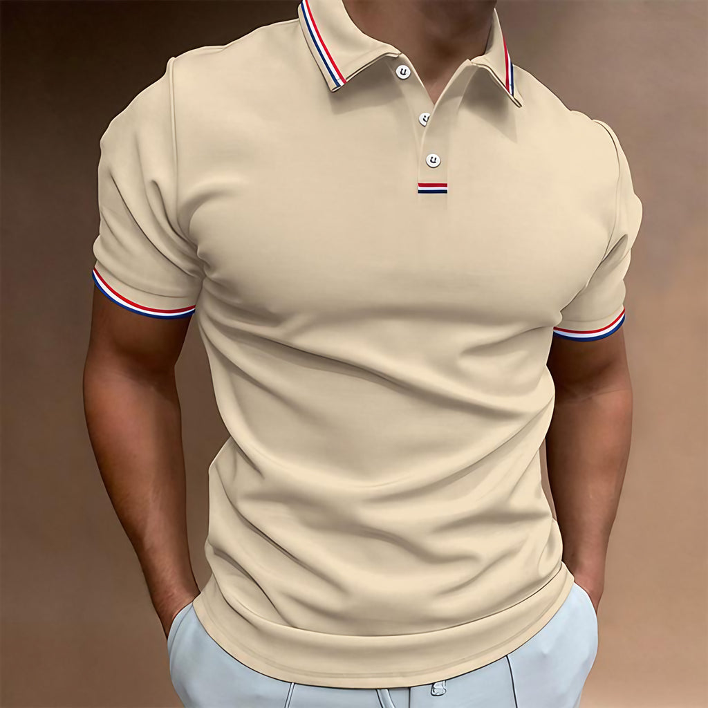 Polo homme uni à col rayé, manches courtes, huit coloris, kaki