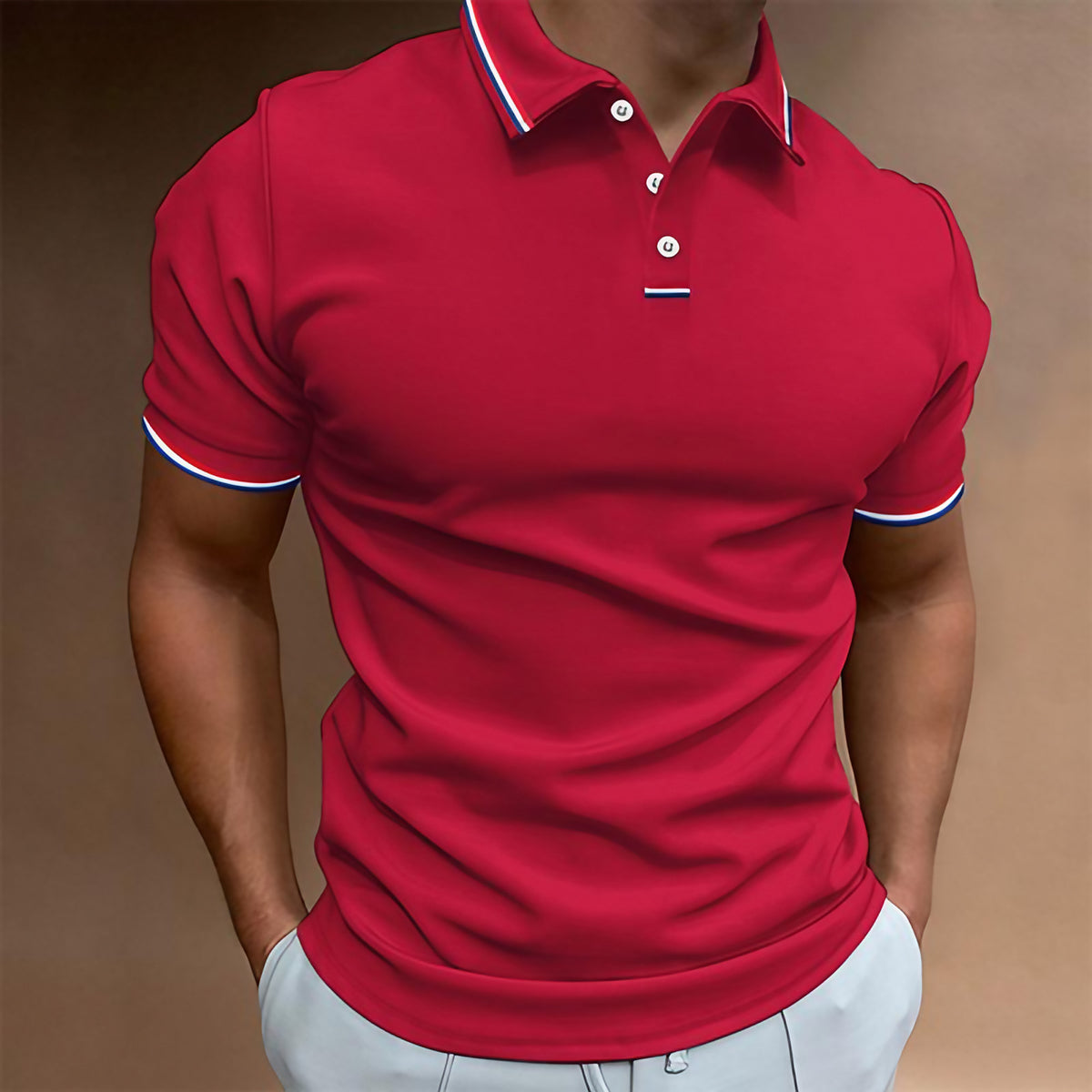 Polo homme uni à col rayé, manches courtes, huit coloris, rouge