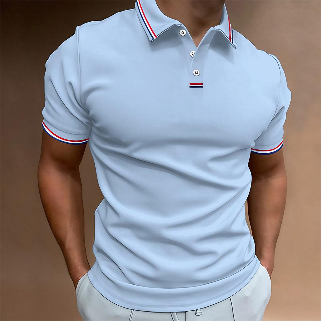 Polo homme uni à col rayé, manches courtes, huit coloris, bleu clair