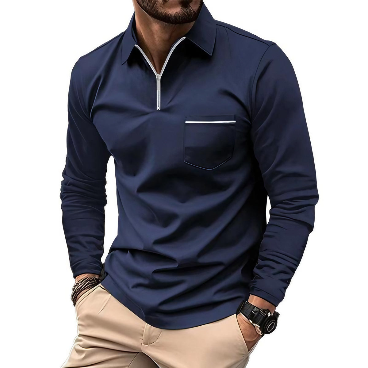 Polo homme à manches longues avec poche poitrine, huit coloris