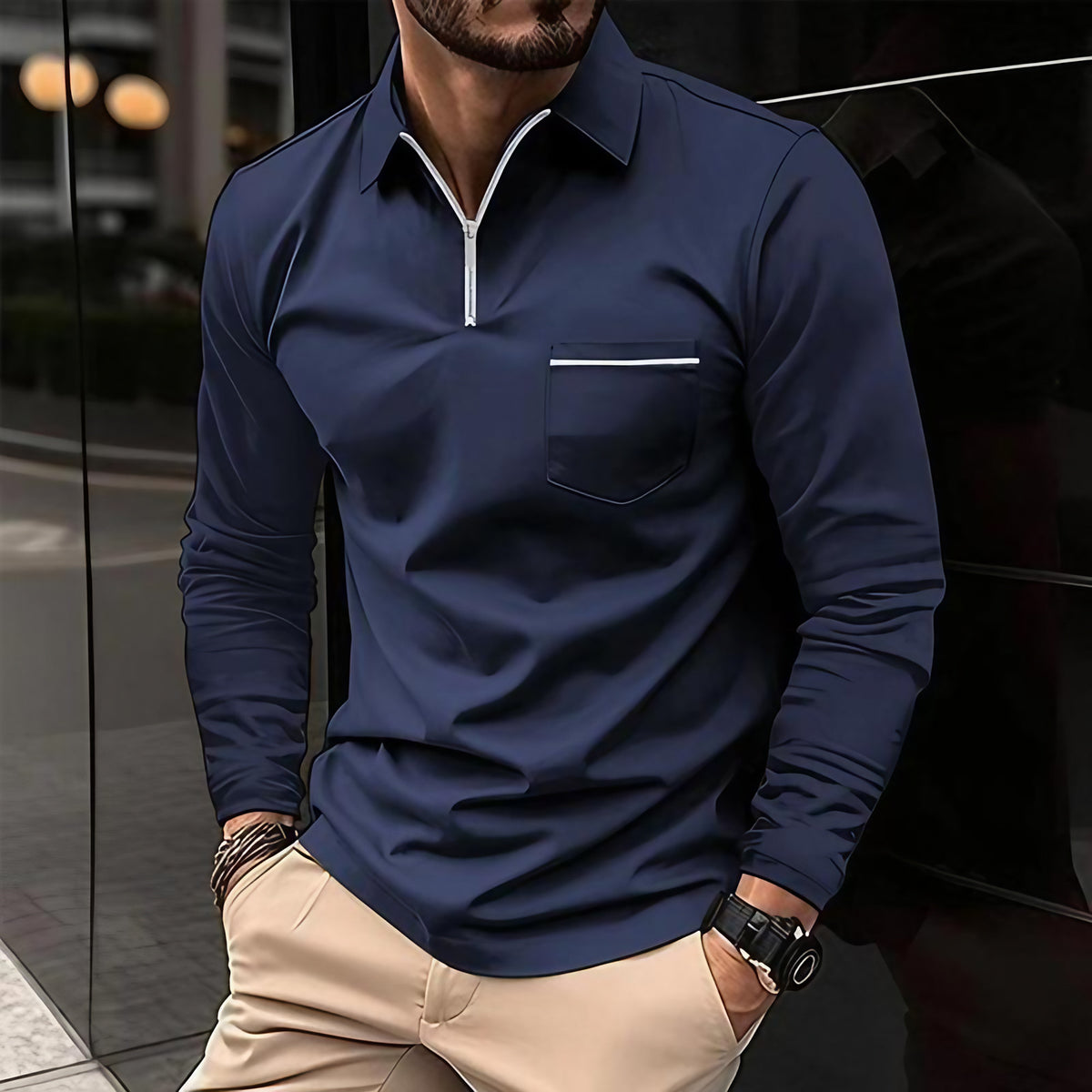 Polo homme à manches longues avec poche poitrine, huit coloris, bleu marine
