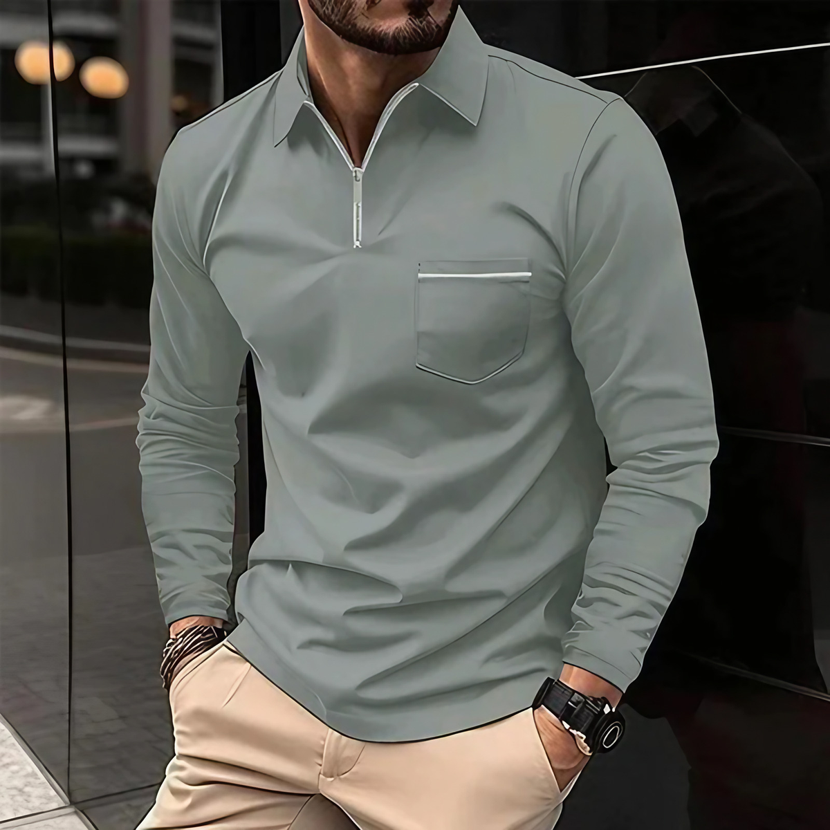 Polo homme à manches longues avec poche poitrine, huit coloris, gris