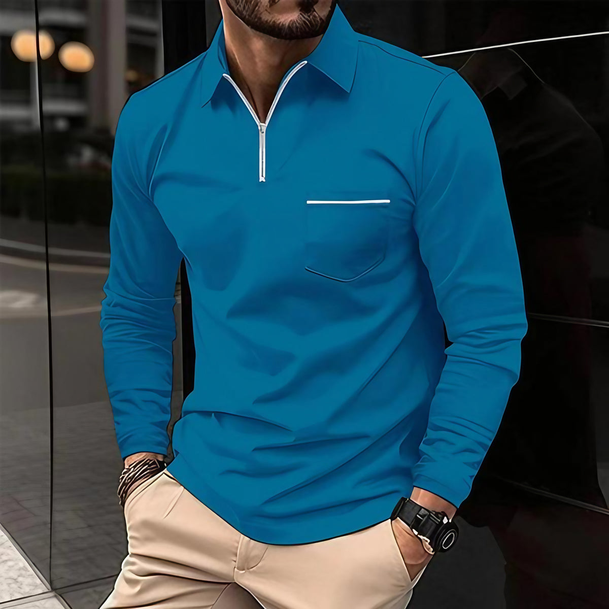 Polo homme à manches longues avec poche poitrine, huit coloris, bleu