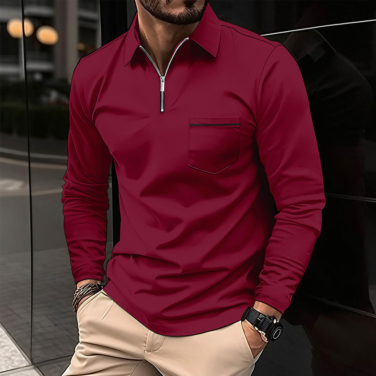 Polo homme à manches longues avec poche poitrine, huit coloris, rouge vin