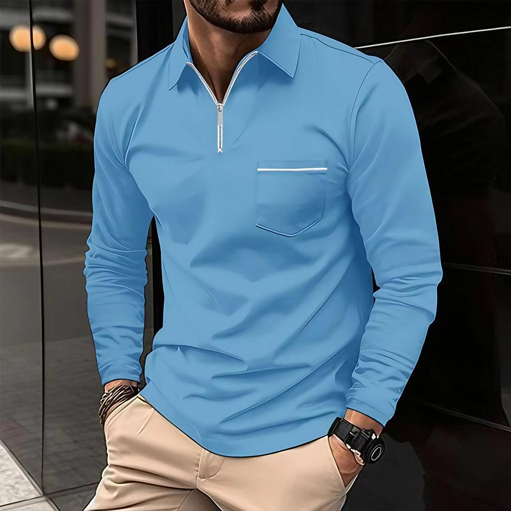 Polo homme à manches longues avec poche poitrine, huit coloris, bleu clair