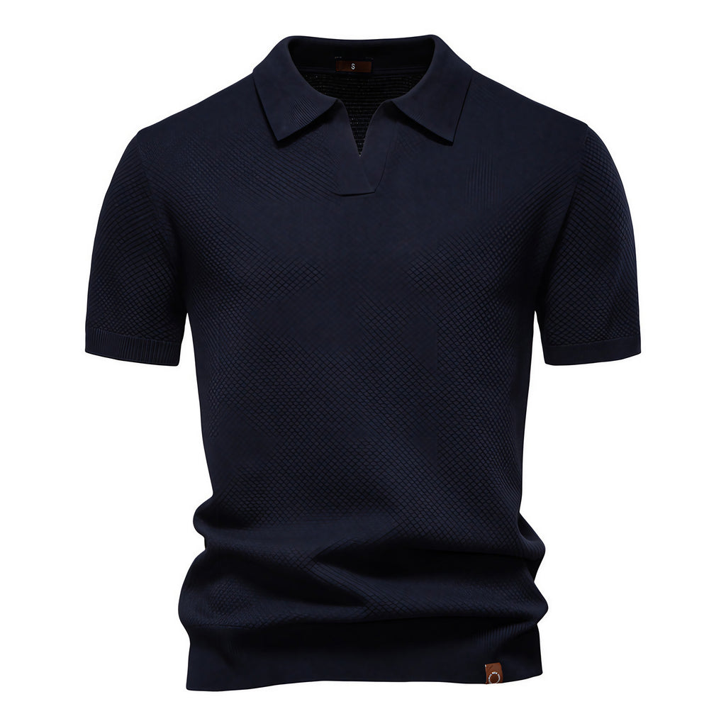 Polo homme texturé, col ouvert sans boutons, huit coloris, bleu marine