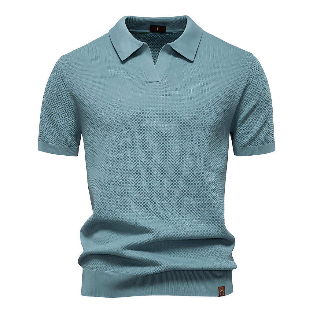 Polo homme texturé, col ouvert sans boutons, huit coloris, bleu