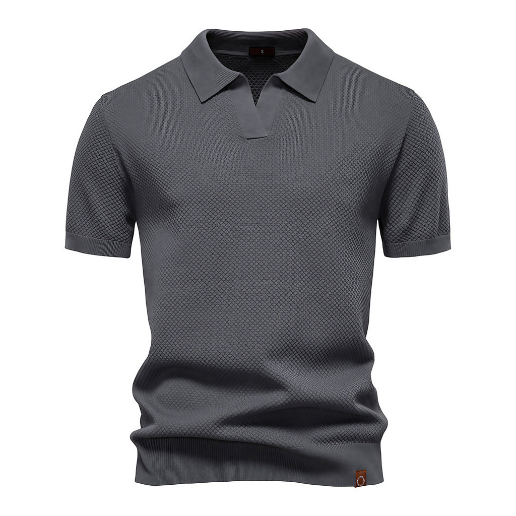 Polo homme texturé, col ouvert sans boutons, huit coloris, gris foncé