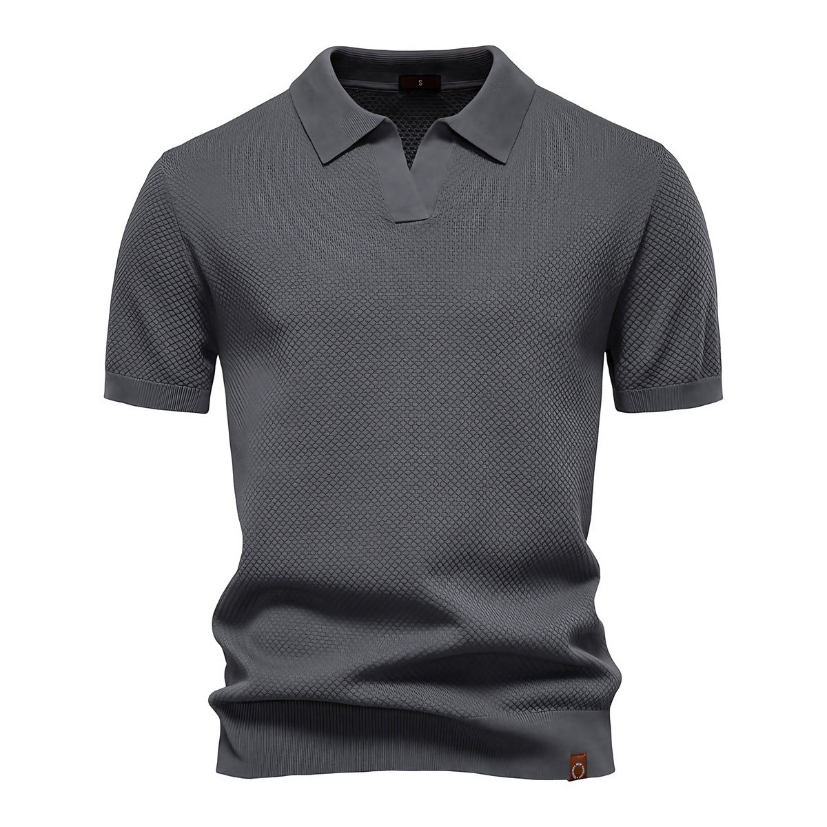 Polo homme texturé, col ouvert sans boutons, huit coloris, gris foncé