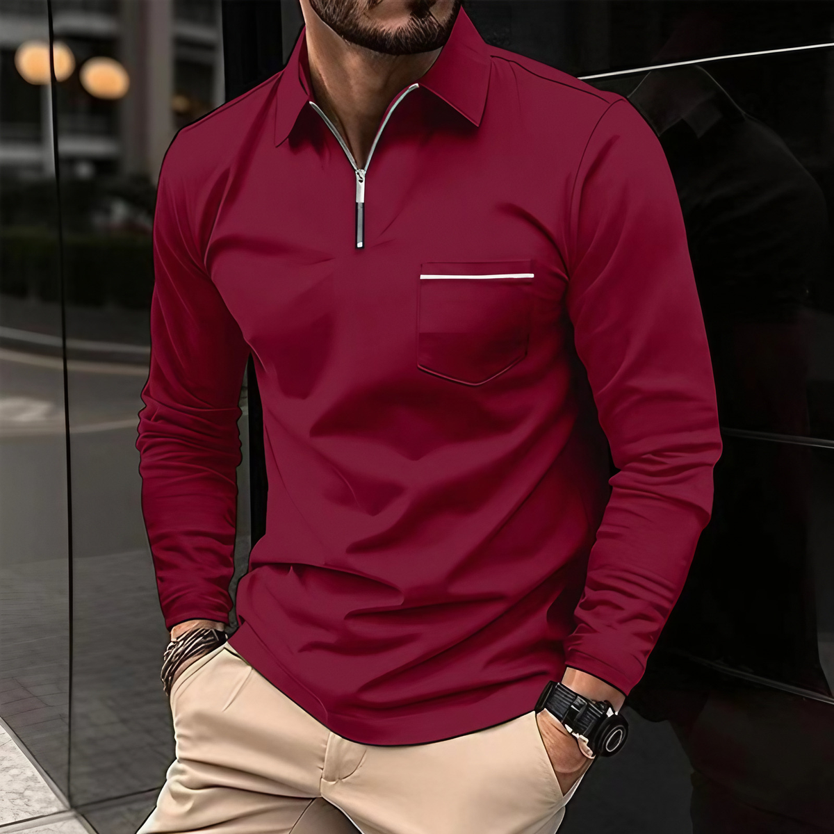 Polo homme à manches longues, cinq coloris, du S au 3XL, rouge