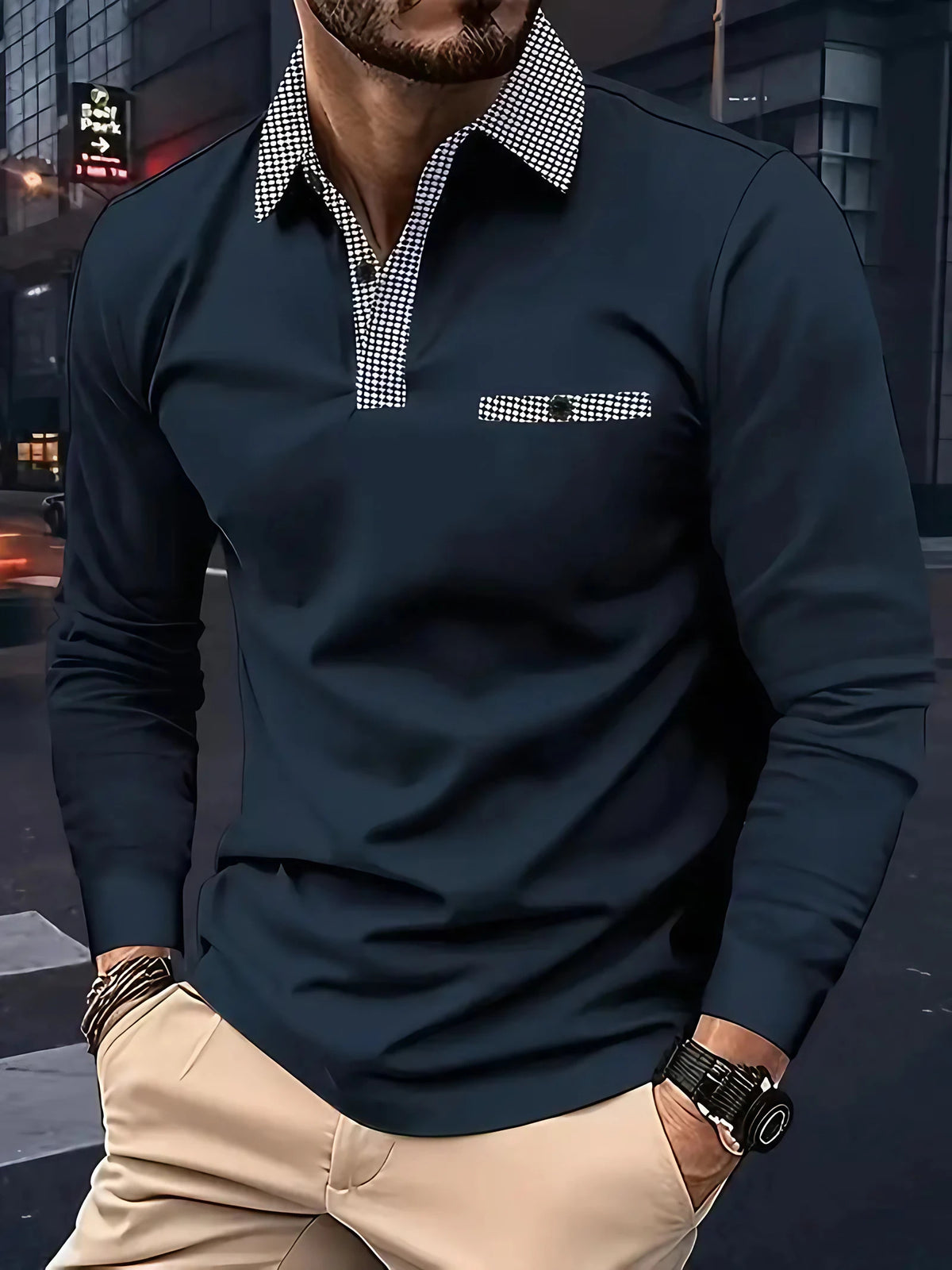 Polo homme à manches longues, cinq coloris, du S au 3XL, bleu marine