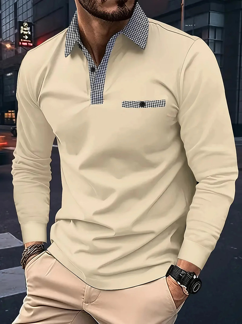 Polo homme à manches longues, cinq coloris, du S au 3XL, kaki