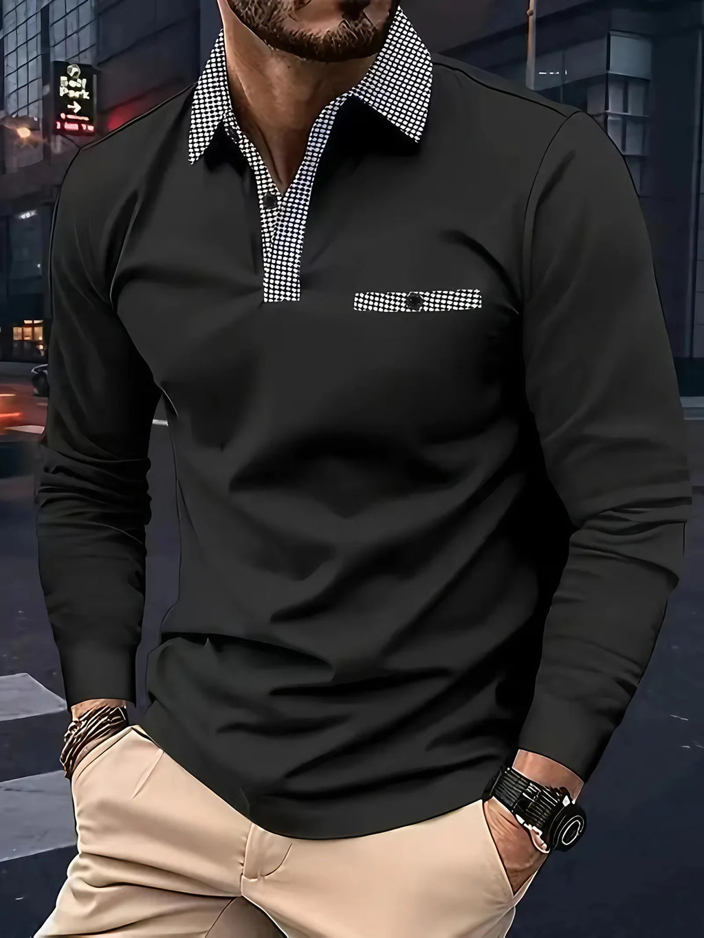 Polo homme à manches longues, cinq coloris, du S au 3XL, noir