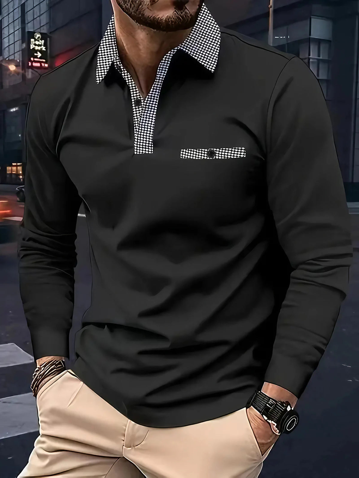 Polo homme à manches longues, cinq coloris, du S au 3XL, noir