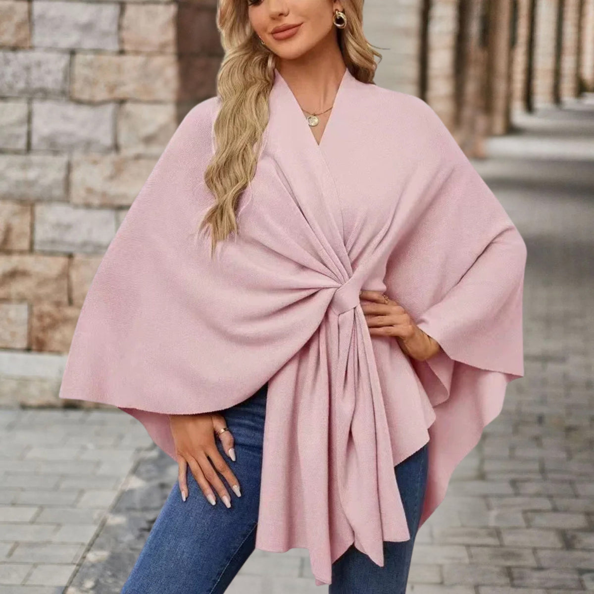 Poncho femme à nœud devant, coupe ample, onze coloris, rose