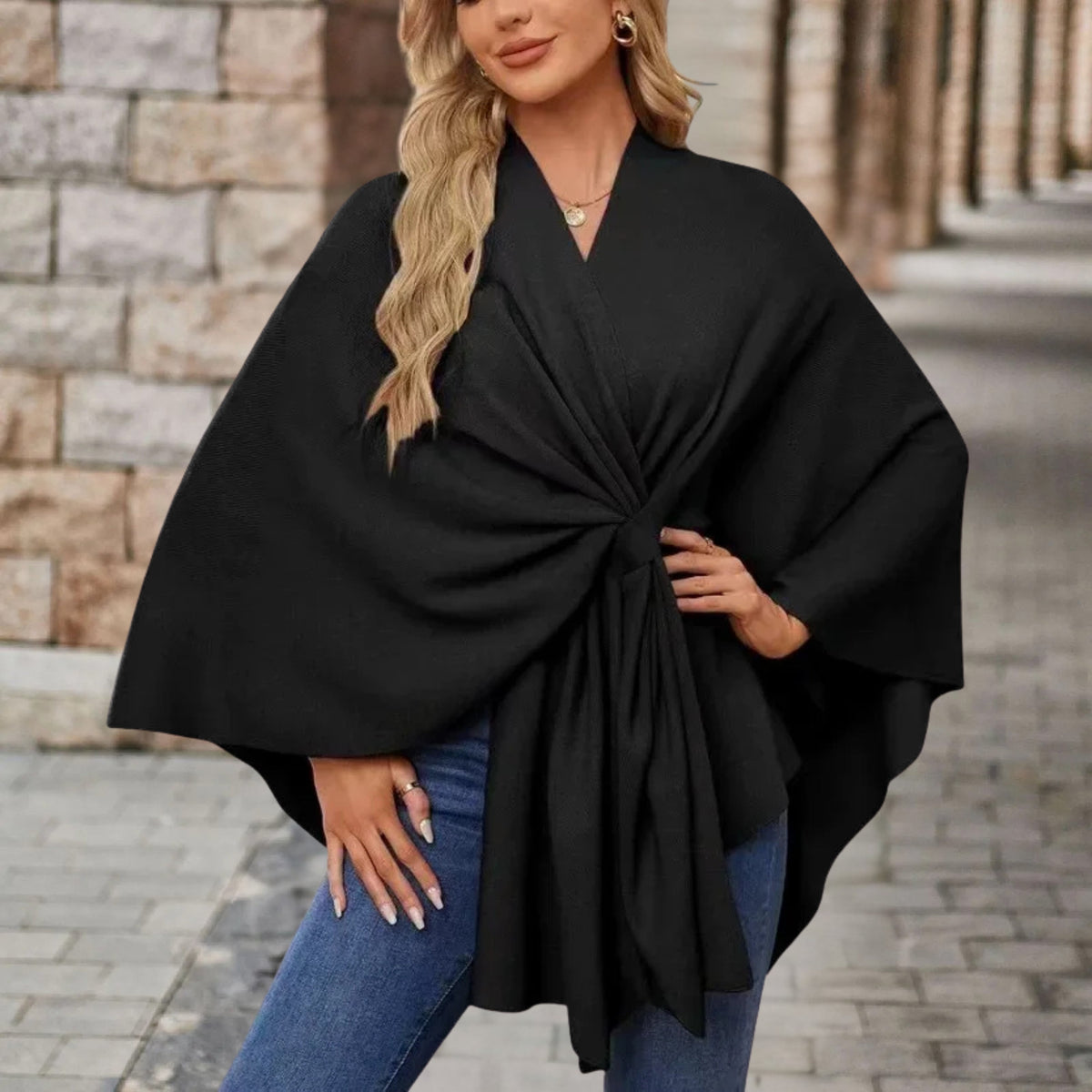 Poncho femme à nœud devant, coupe ample, onze coloris, noir
