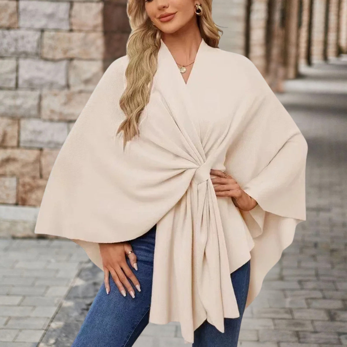 Poncho femme à nœud devant, coupe ample, onze coloris, beige crème