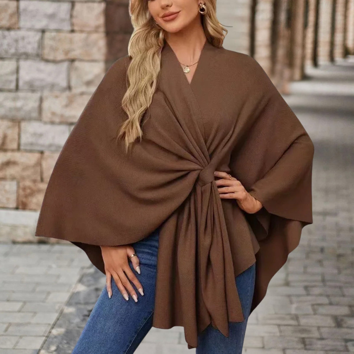 Poncho femme à nœud devant, coupe ample, onze coloris, marron châtain