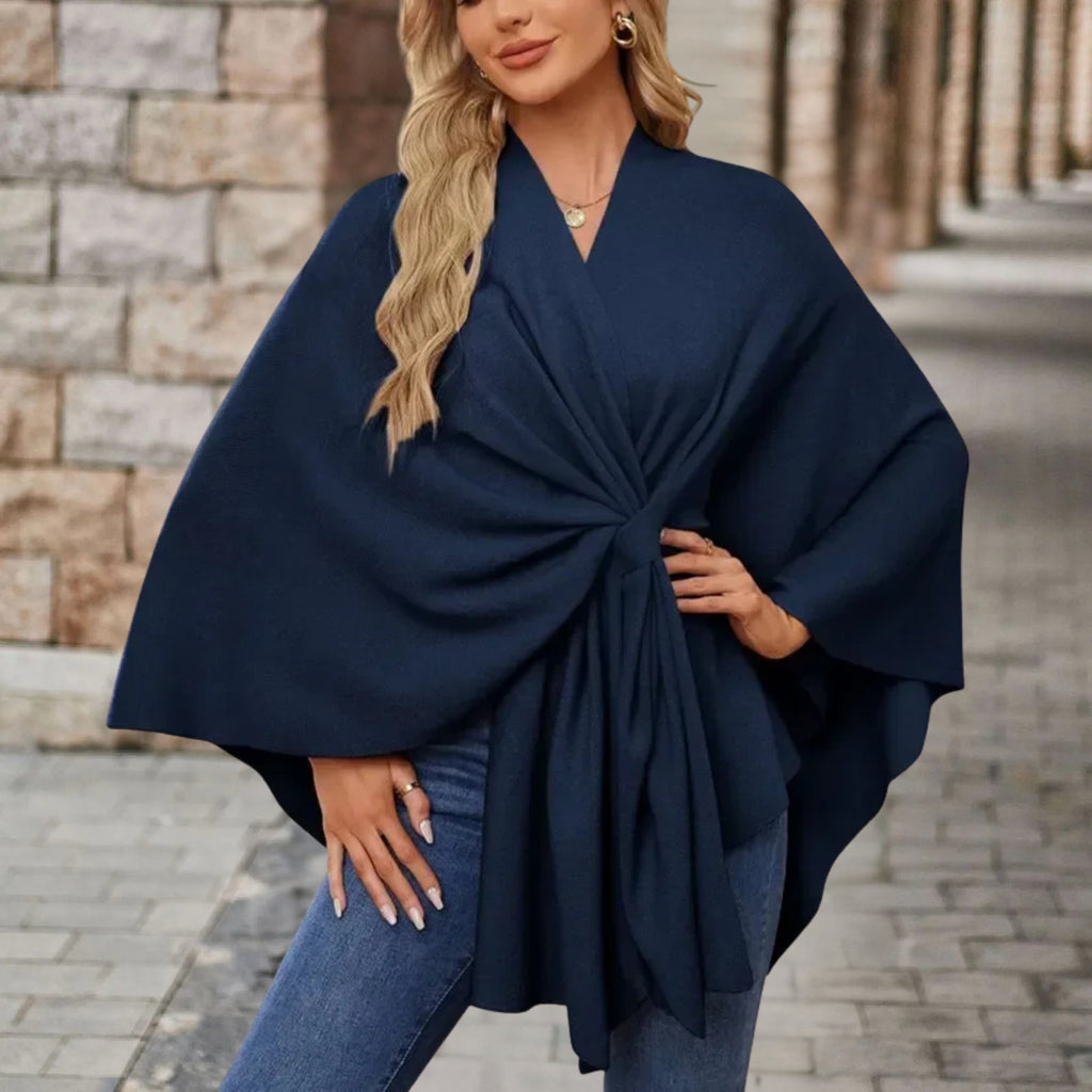 Poncho femme à nœud devant, coupe ample, onze coloris, bleu marine
