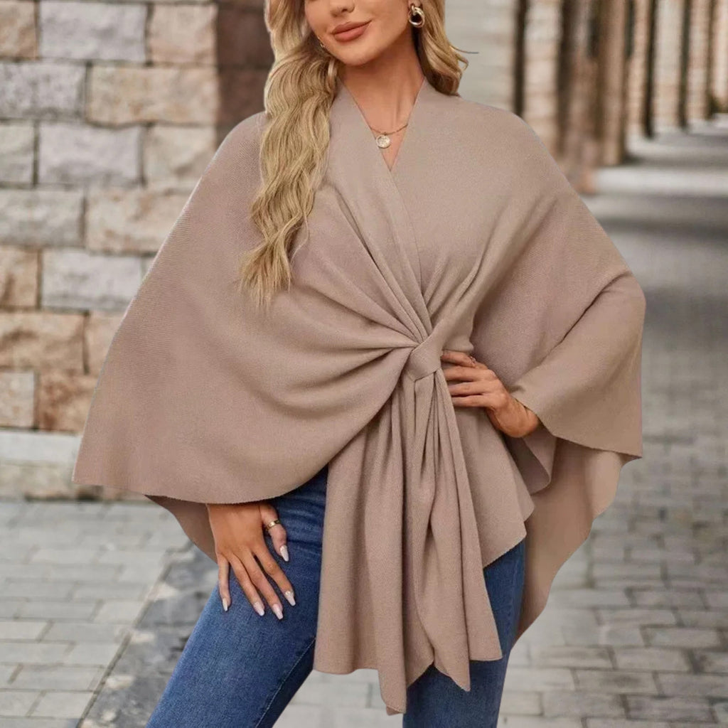 Poncho femme à nœud devant, coupe ample, onze coloris, beige avoine