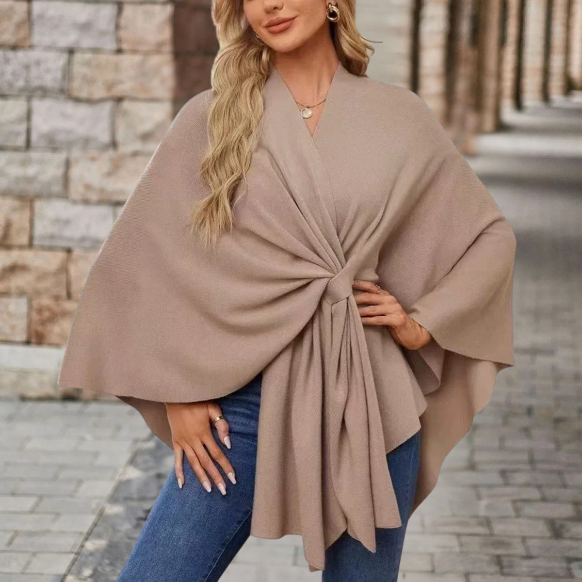 Poncho femme à nœud devant, coupe ample, onze coloris, beige avoine