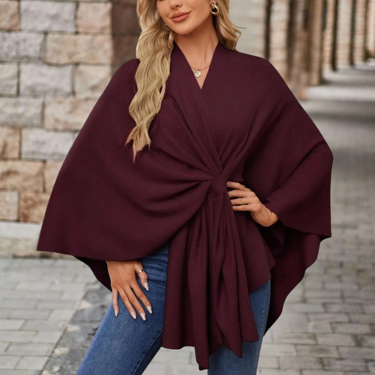 Poncho femme à nœud devant, coupe ample, onze coloris, bordeaux