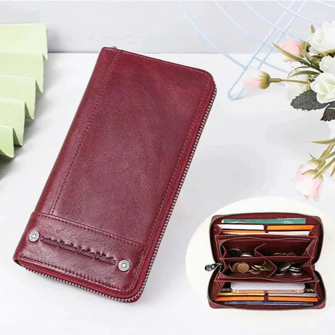 Portefeuille allongé femme zippé avec poche téléphone, anti-piratage
