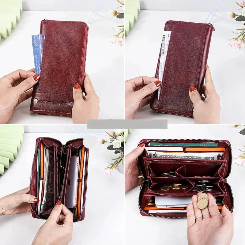 Portefeuille allongé femme zippé avec poche téléphone, anti-piratage