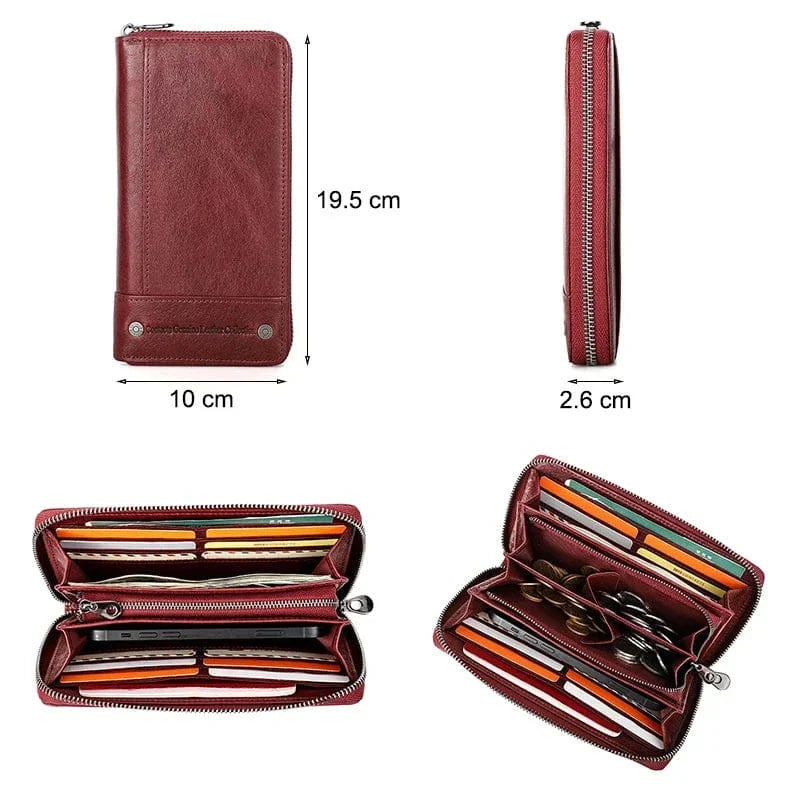 Portefeuille allongé femme zippé avec poche téléphone, anti-piratage
