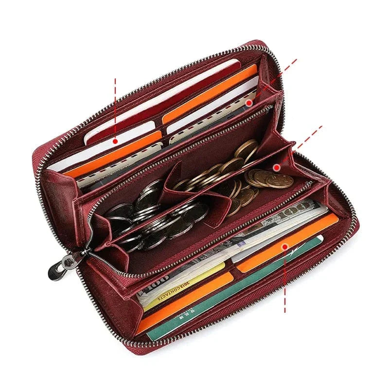 Portefeuille allongé femme zippé avec poche téléphone, anti-piratage