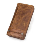 Portefeuille allongé femme zippé avec poche téléphone, anti-piratage, marron