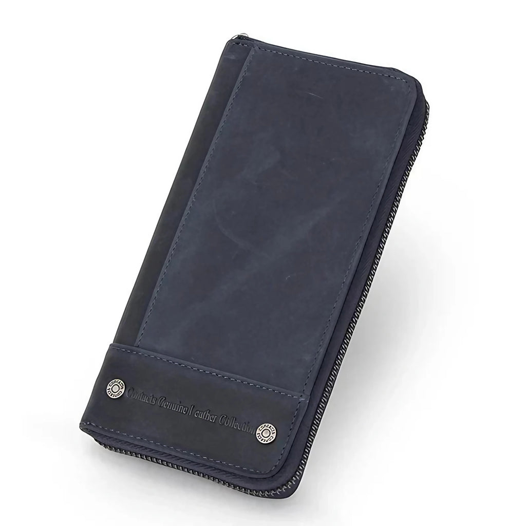 Portefeuille allongé femme zippé avec poche téléphone, anti-piratage, bleu