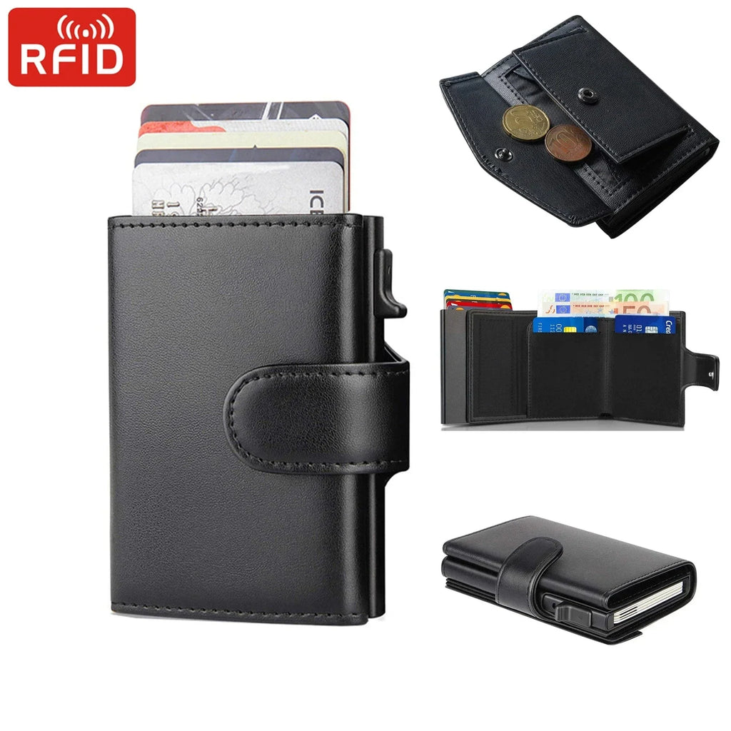 Porte-cartes homme trois volets noir, porte-monnaie intégré