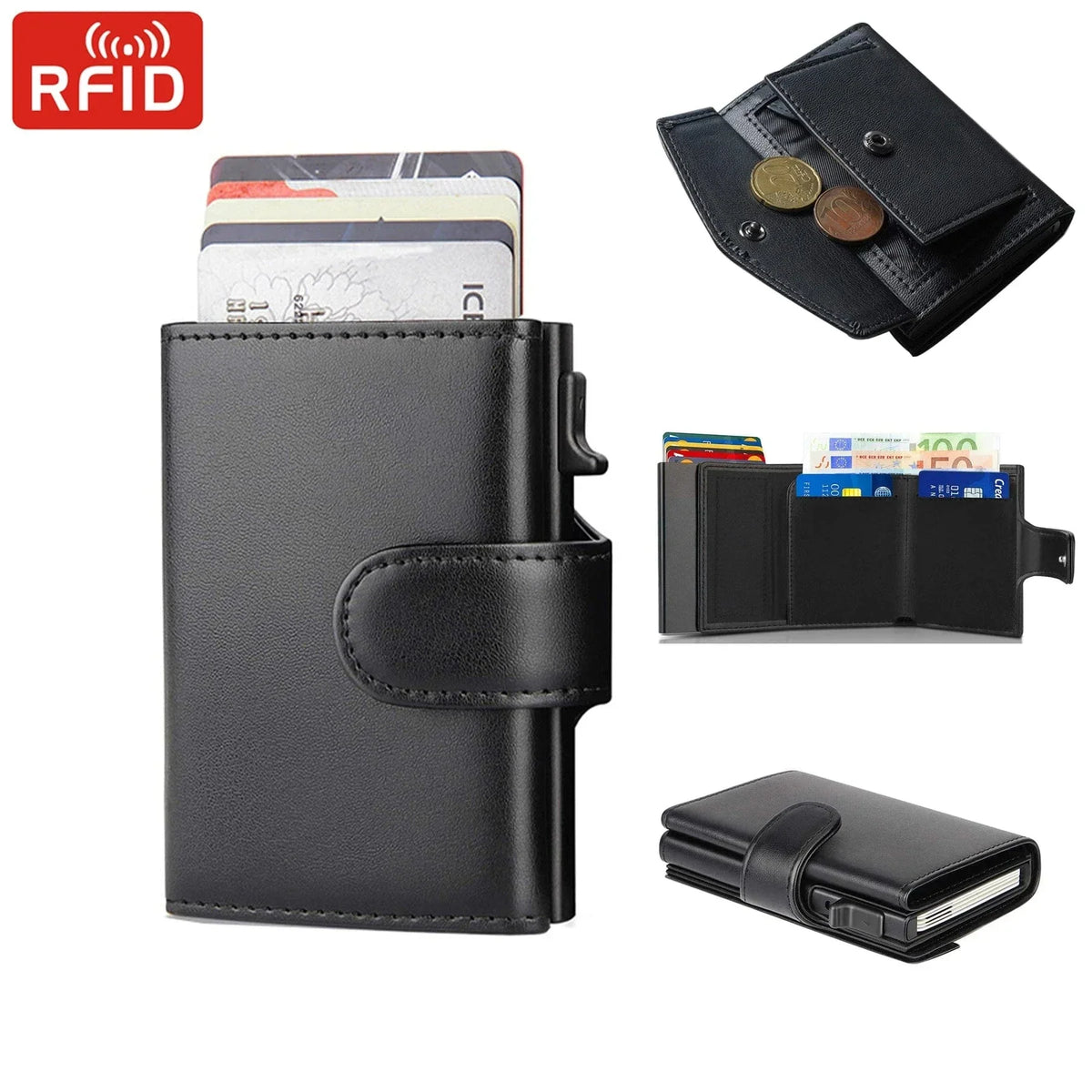 Porte-cartes homme trois volets noir, porte-monnaie intégré