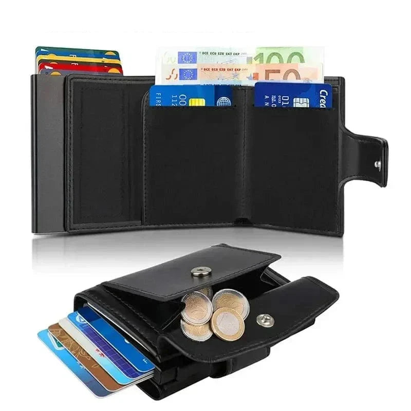 Porte-cartes homme trois volets noir, porte-monnaie intégré