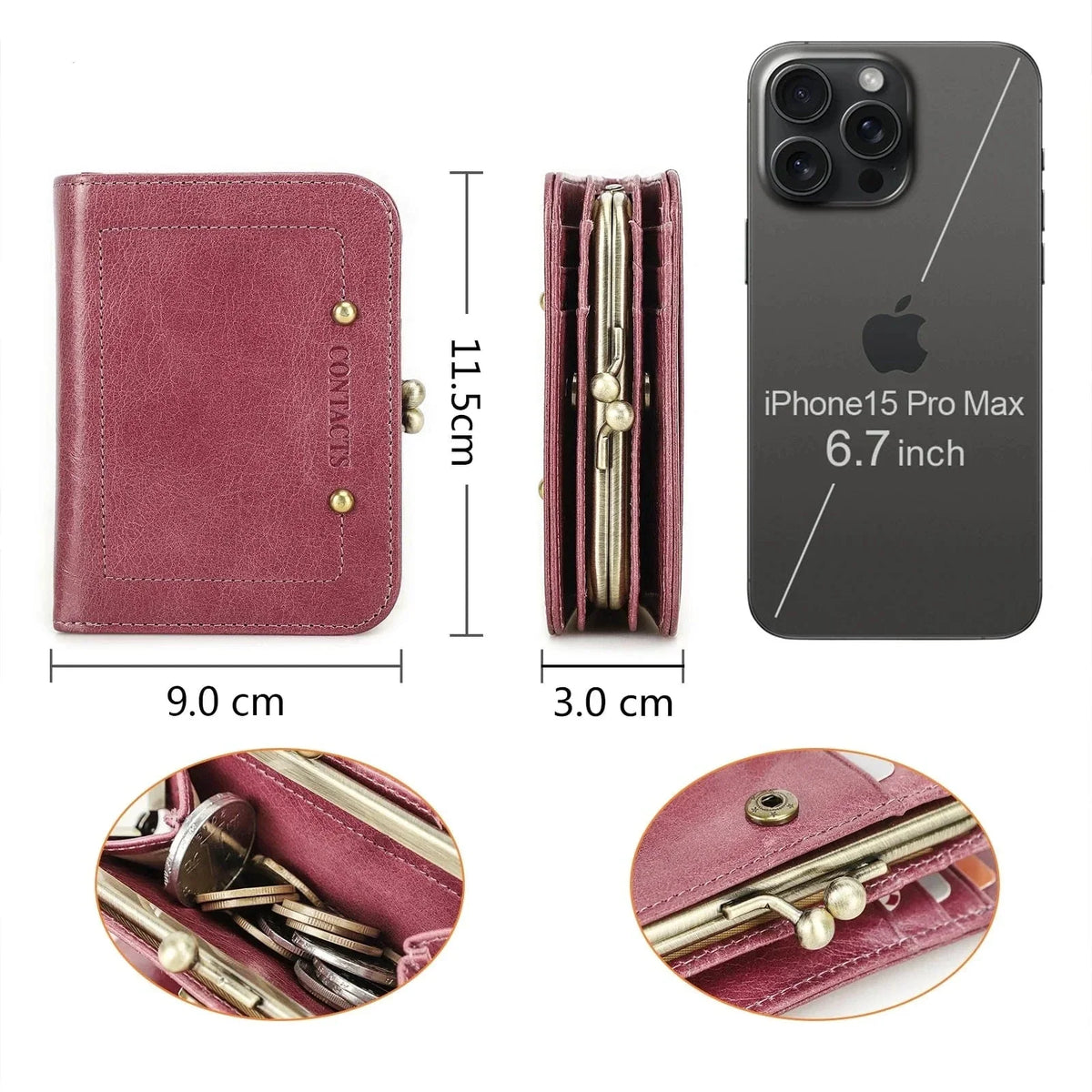 Mini portefeuille femme à fermoir clip rétro, pince à billets