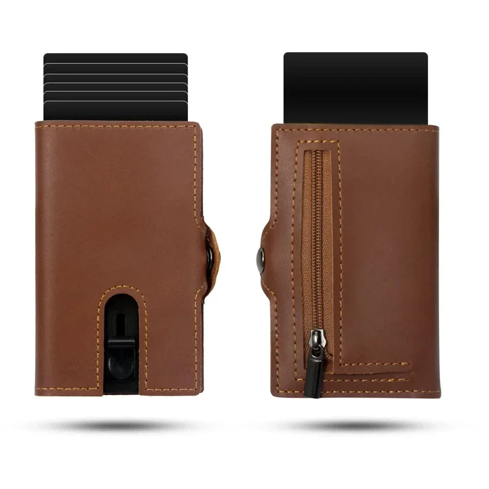 Porte-cartes éjectable homme avec porte-monnaie, huit coloris, marron lisse