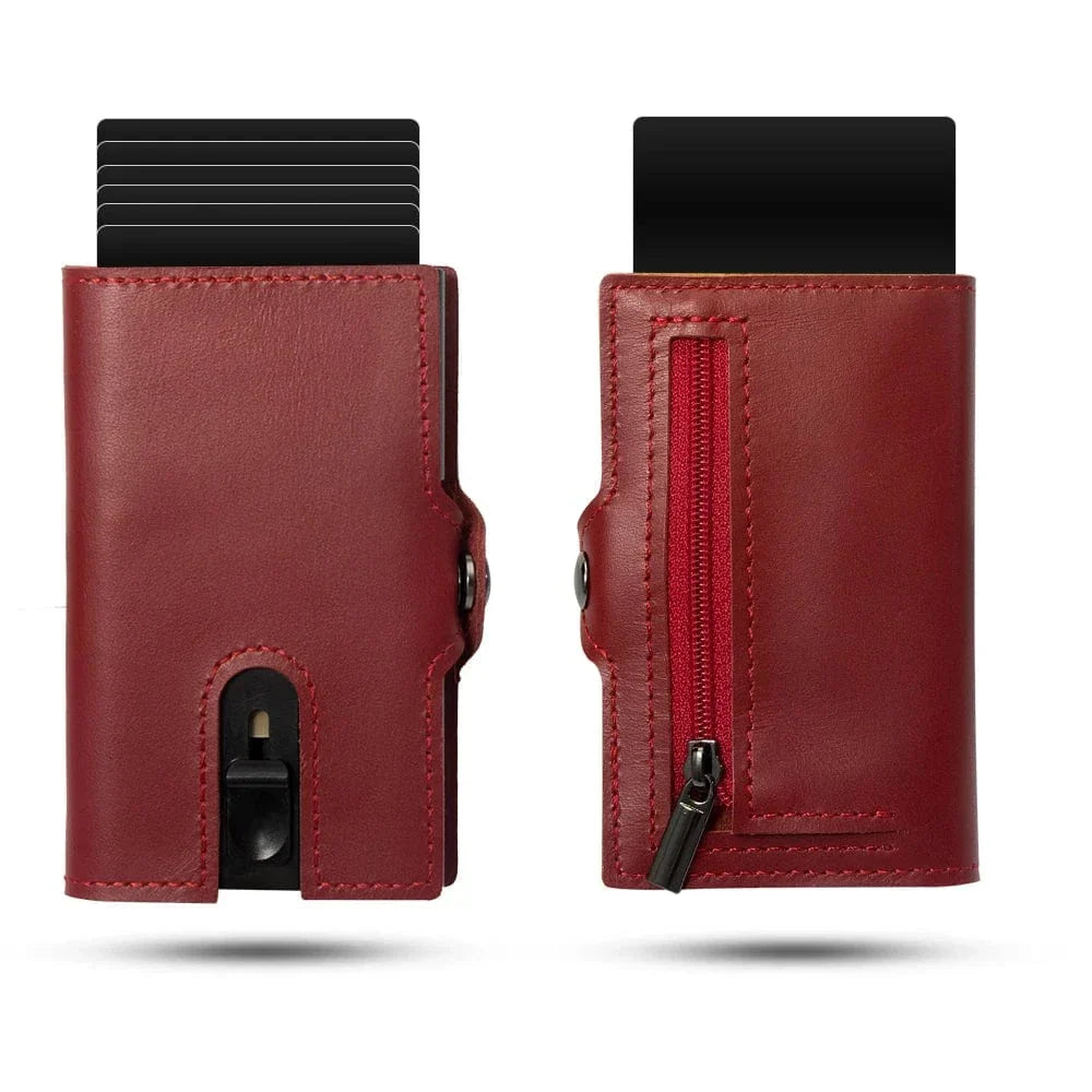 Porte-cartes éjectable homme avec porte-monnaie, huit coloris, rouge lisse