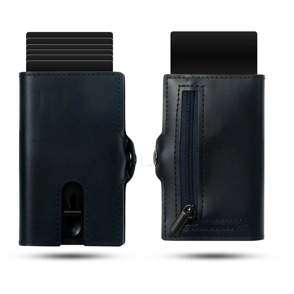 Porte-cartes éjectable homme avec porte-monnaie, huit coloris, bleu lisse