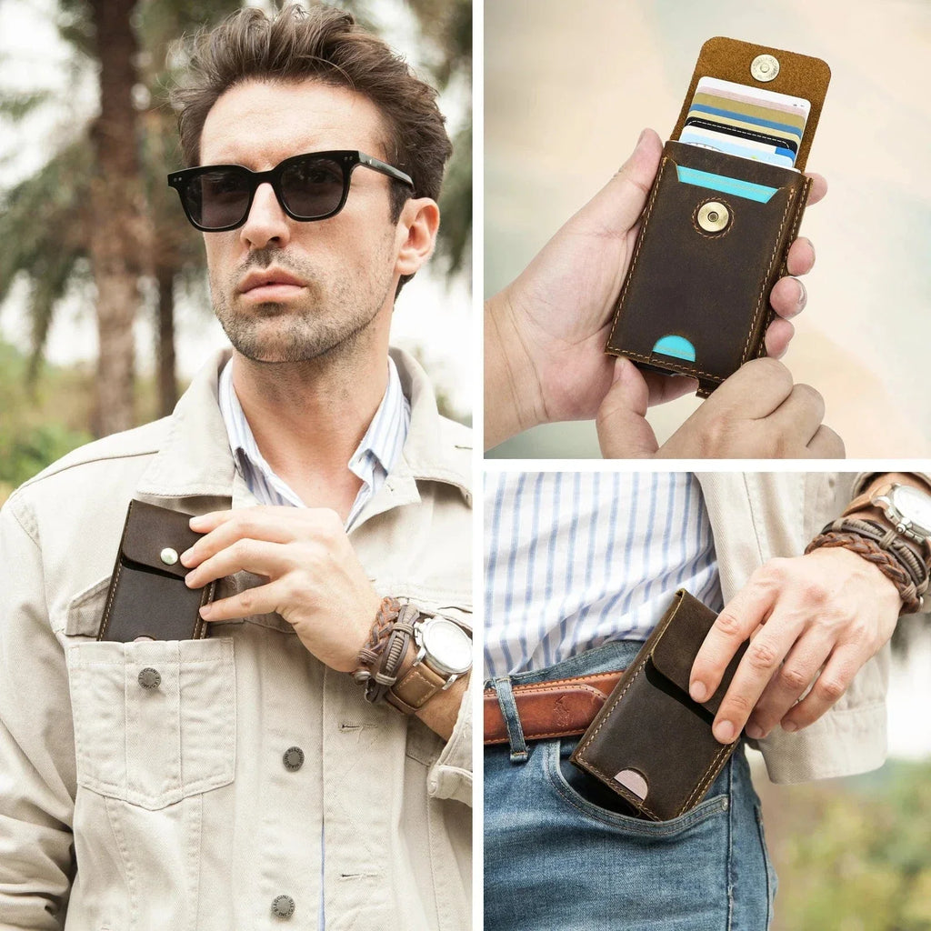 Porte-cartes rigide homme, style vintage, coloris café